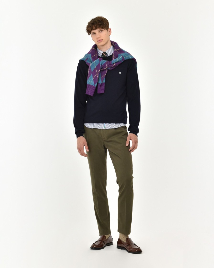 Uomo Manuel Ritz Pantaloni | Pantalone Con Pinces Slim Tinto Capo In Cotone Stretch Verde