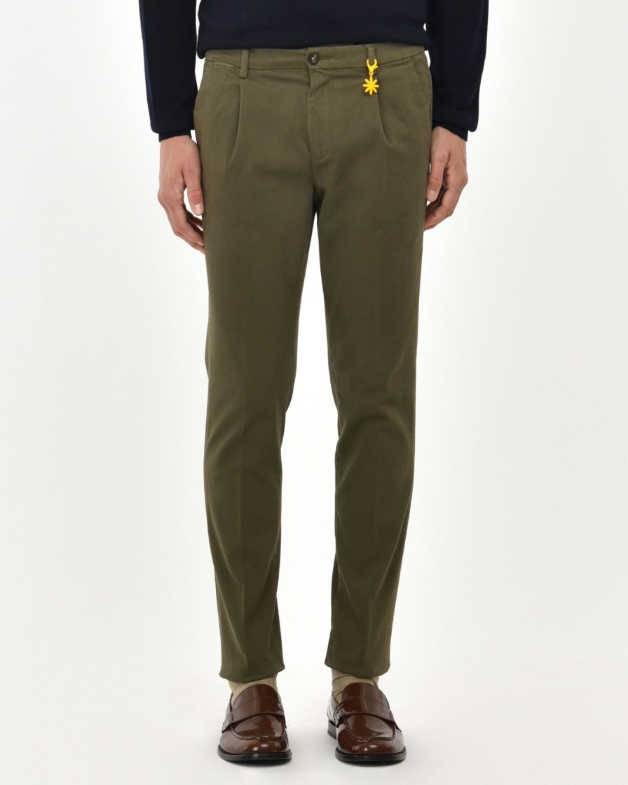 Uomo Manuel Ritz Pantaloni | Pantalone Con Pinces Slim Tinto Capo In Cotone Stretch Verde