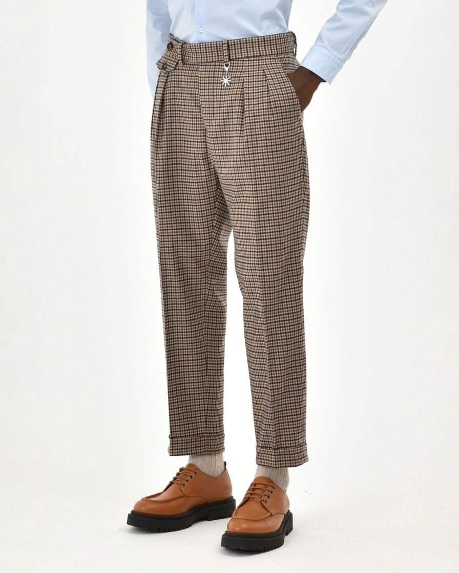 Uomo Manuel Ritz Pantaloni | Pantalone Doppia Pinces Baggy Damier Misto Lana Beige