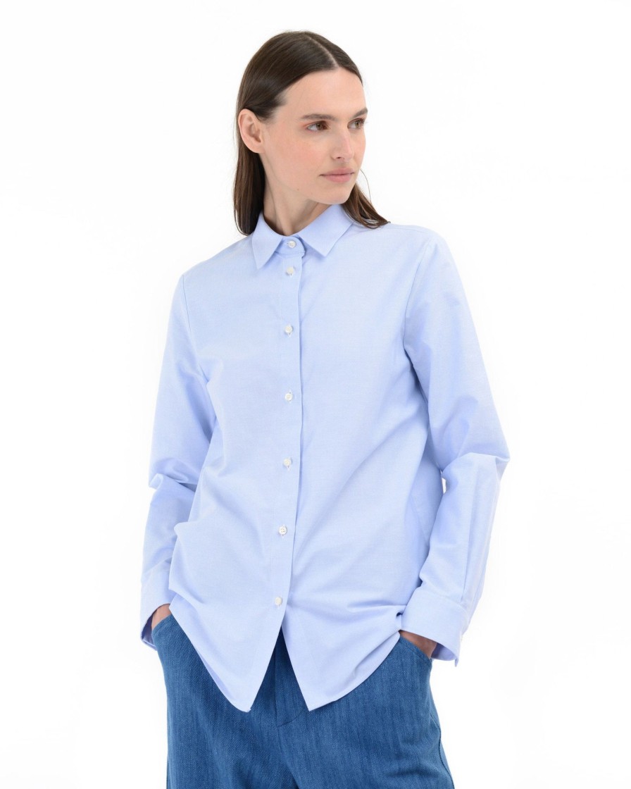 Donna Manuel Ritz Camicie | Camicia Con Rouches Cotone Oxford Azzurro