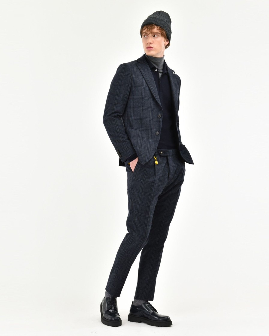 Uomo Manuel Ritz Giacche | Giacca Slim Overcheck In Misto Lana Blu