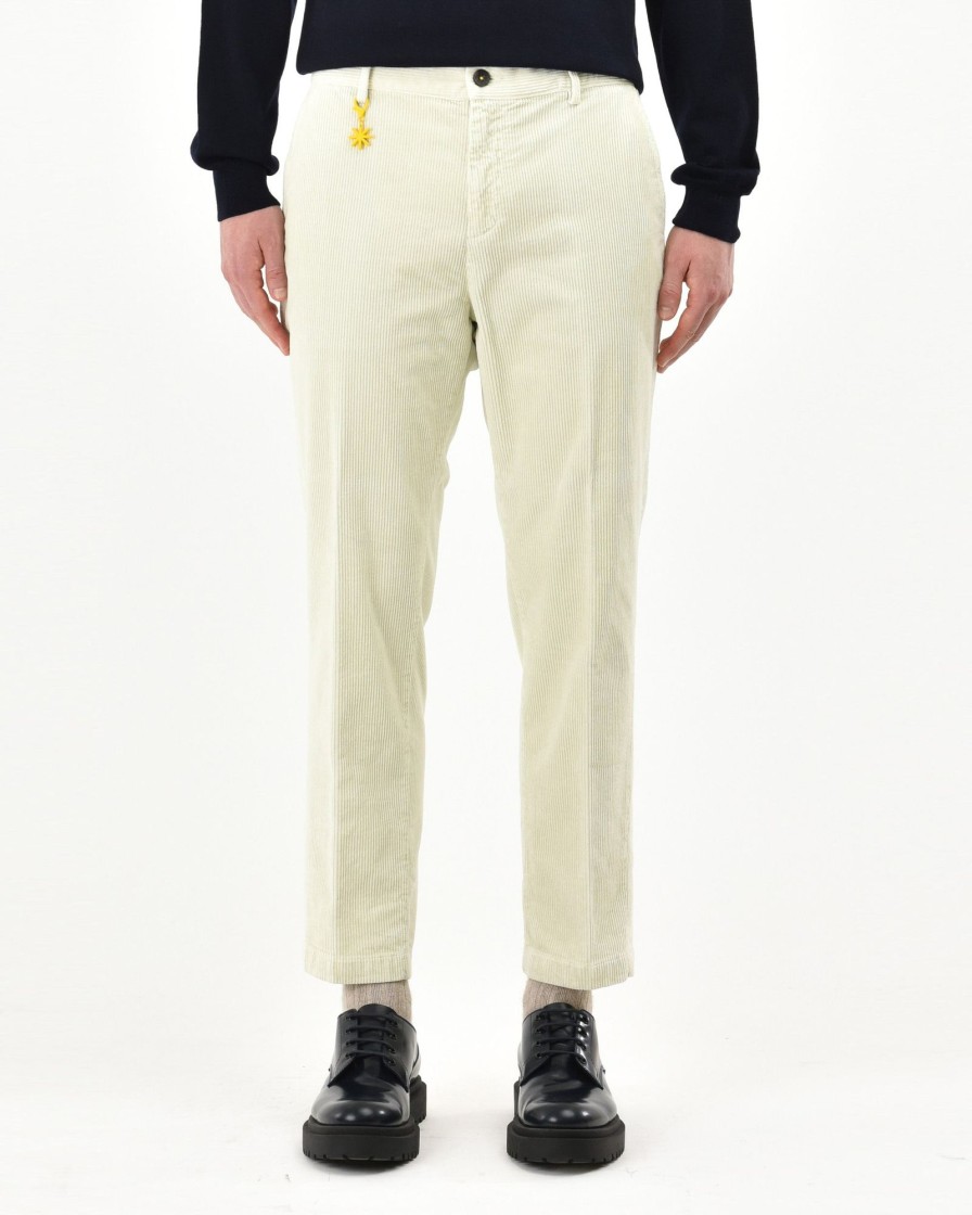 Uomo Manuel Ritz Pantaloni | Pantalone Slim Tinto Capo Velluto Di Cotone Stretch Bianco