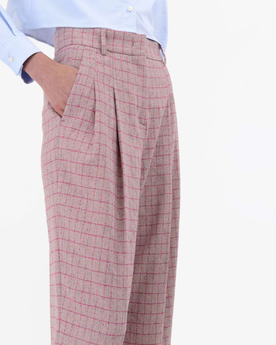 Donna Manuel Ritz Pantaloni | Pantalone Pinces Quadro Melange Misto Lana Rosa