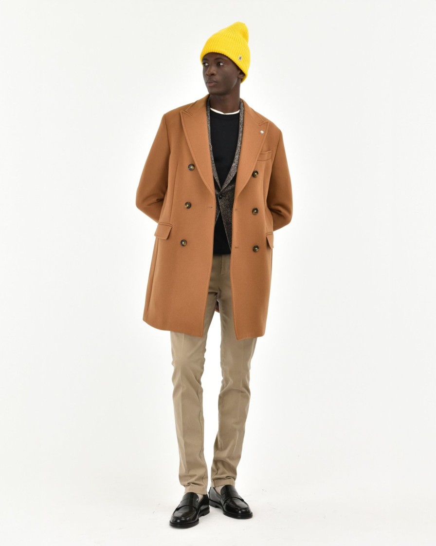 Uomo Manuel Ritz Cappotti E Giacconi | Cappotto Doppiopetto Panno Diagonale Misto Lana Beige