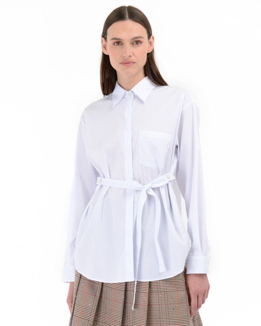 Donna Manuel Ritz Camicie | Camicia Con Cinta Twill Misto Cotone Stretch Bianco