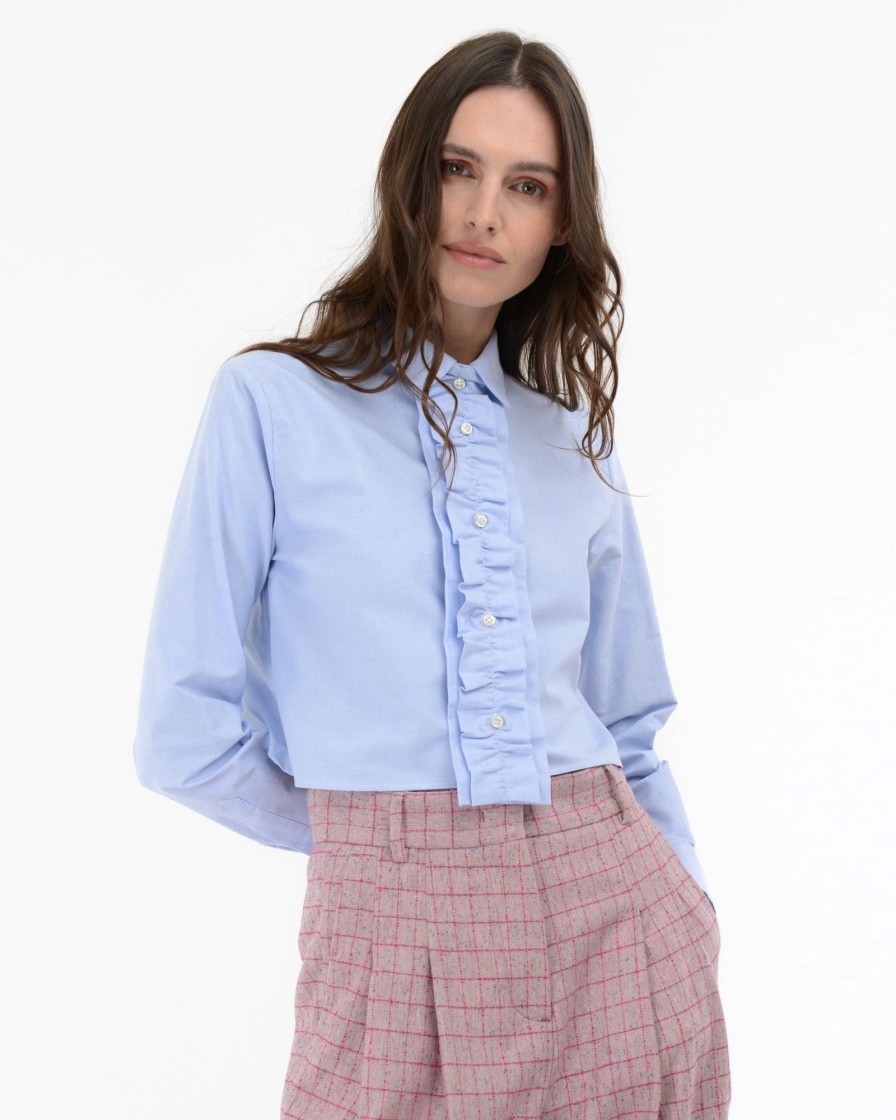 Donna Manuel Ritz Camicie | Camicia Cropped Rouches Cotone Oxford Azzurro