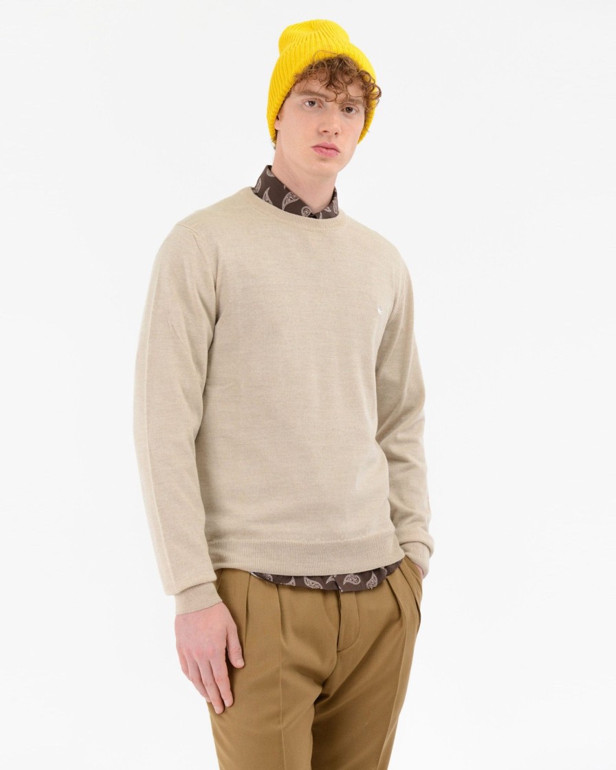 Uomo Manuel Ritz T-Shirt E Maglie | Maglia Girocollo Slim Pura Lana Beige