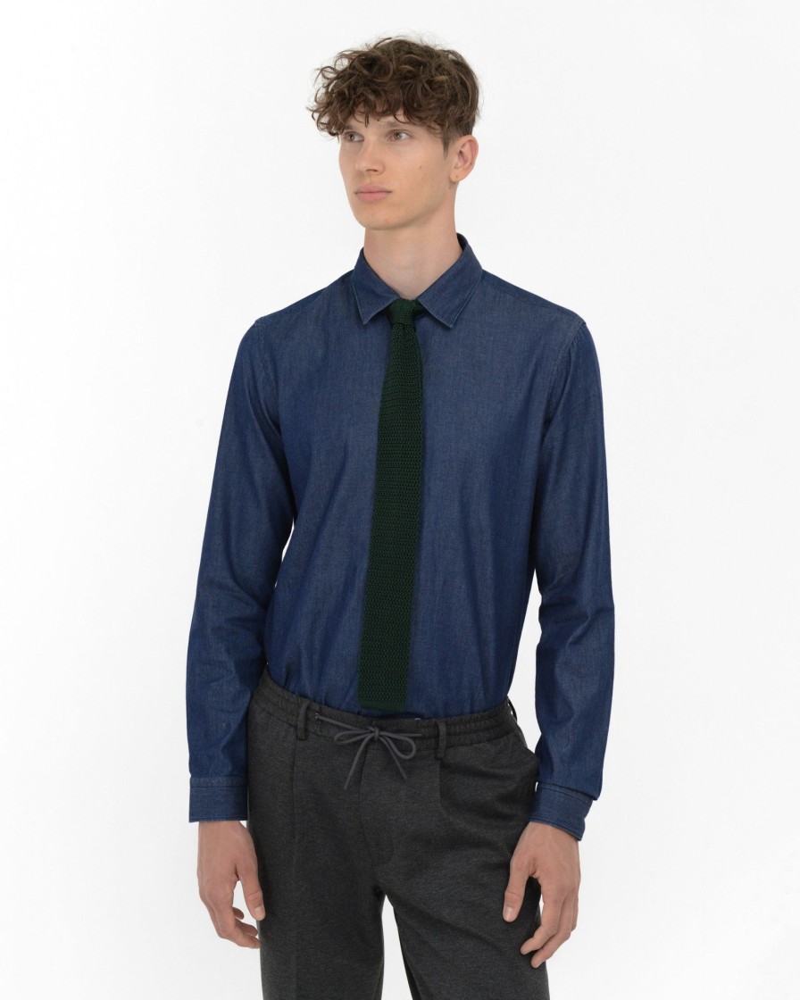 Uomo Manuel Ritz Camicie | Camicia Lavata Denim Slim Blu