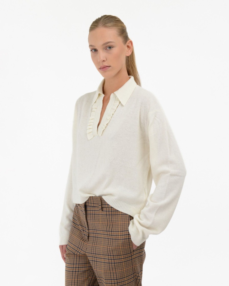 Donna Manuel Ritz T-Shirt E Maglie | Polo Cropped Rouches Misto Lana Cashmere Bianco