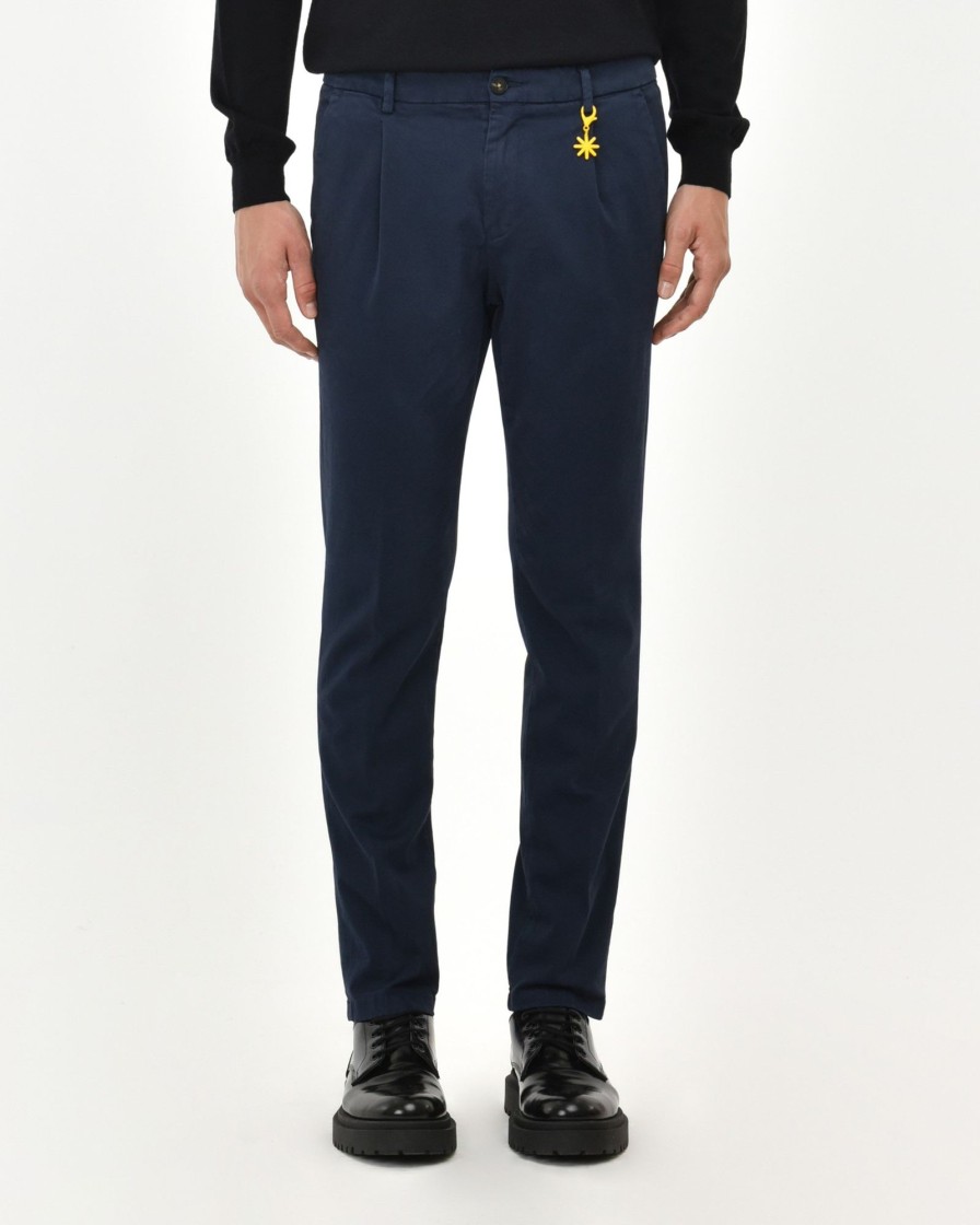 Uomo Manuel Ritz Pantaloni | Pantalone Con Pinces Slim Tinto Capo In Cotone Stretch Blu