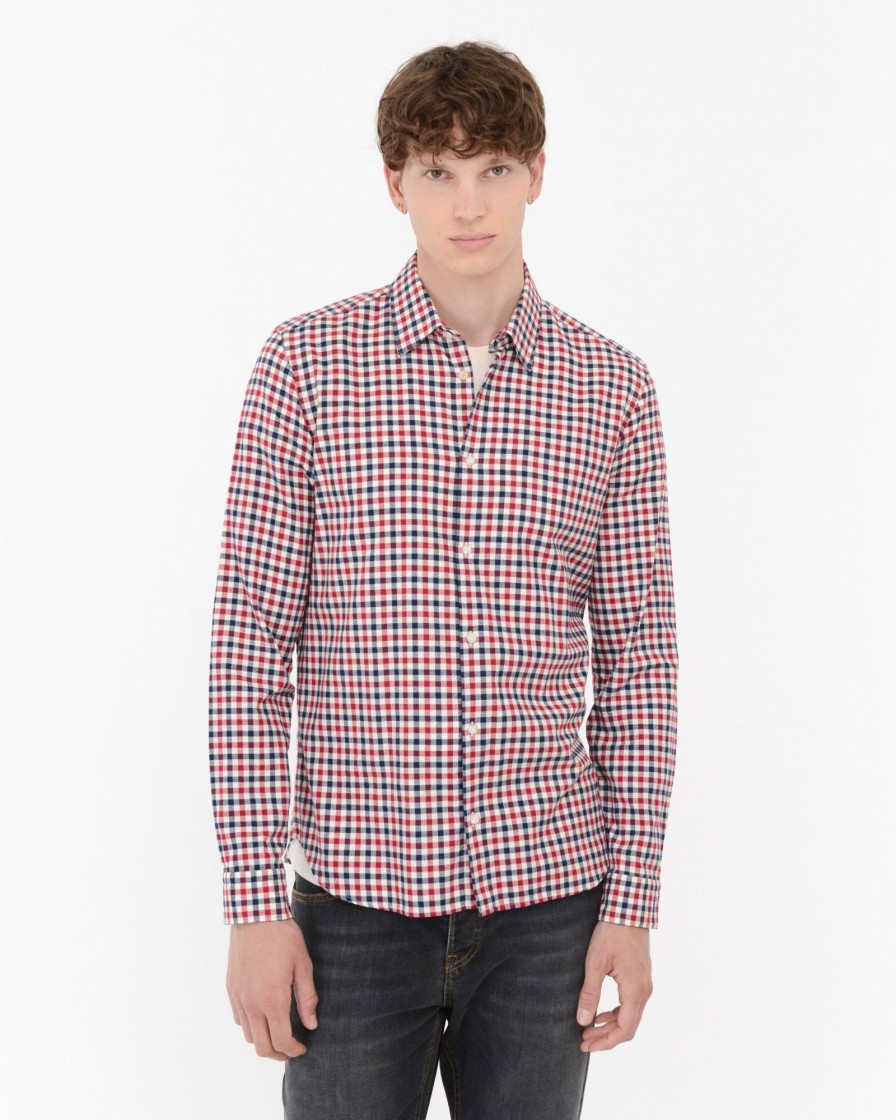 Uomo Manuel Ritz Camicie | Camicia Lavata Slim Damier In Cotone Rosso