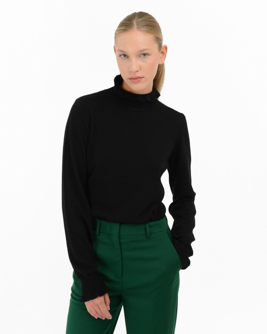 Donna Manuel Ritz T-Shirt E Maglie | Dolcevita Rouches Misto Lana Cashmere Nero