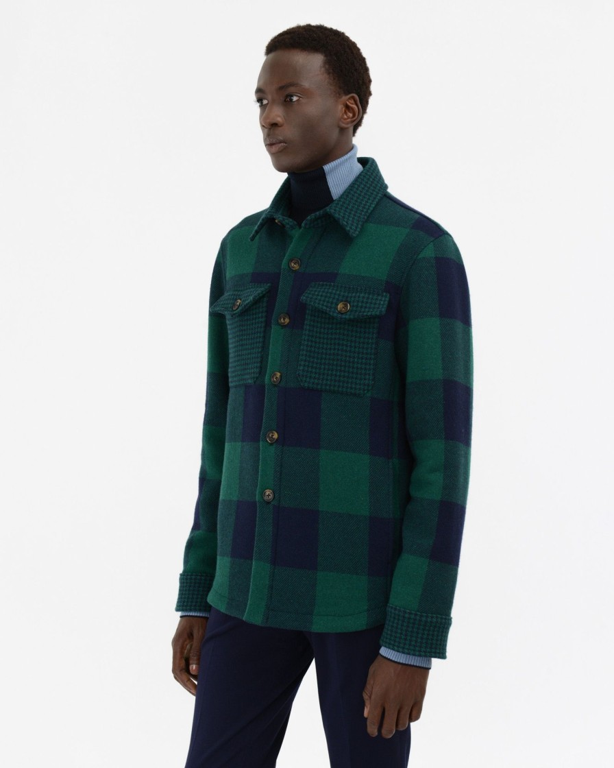 Uomo Manuel Ritz Giacche | Overshirt Macro Damier Misto Lana Double Verde