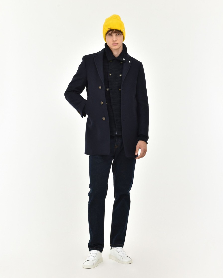 Uomo Manuel Ritz Cappotti E Giacconi | Cappotto Monopetto Panno Diagonale Misto Lana Blu