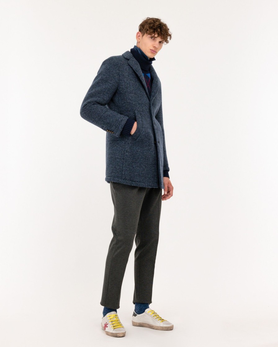 Uomo Manuel Ritz Cappotti E Giacconi | Cappotto Slim Galles In Jersey Misto Lana Blu