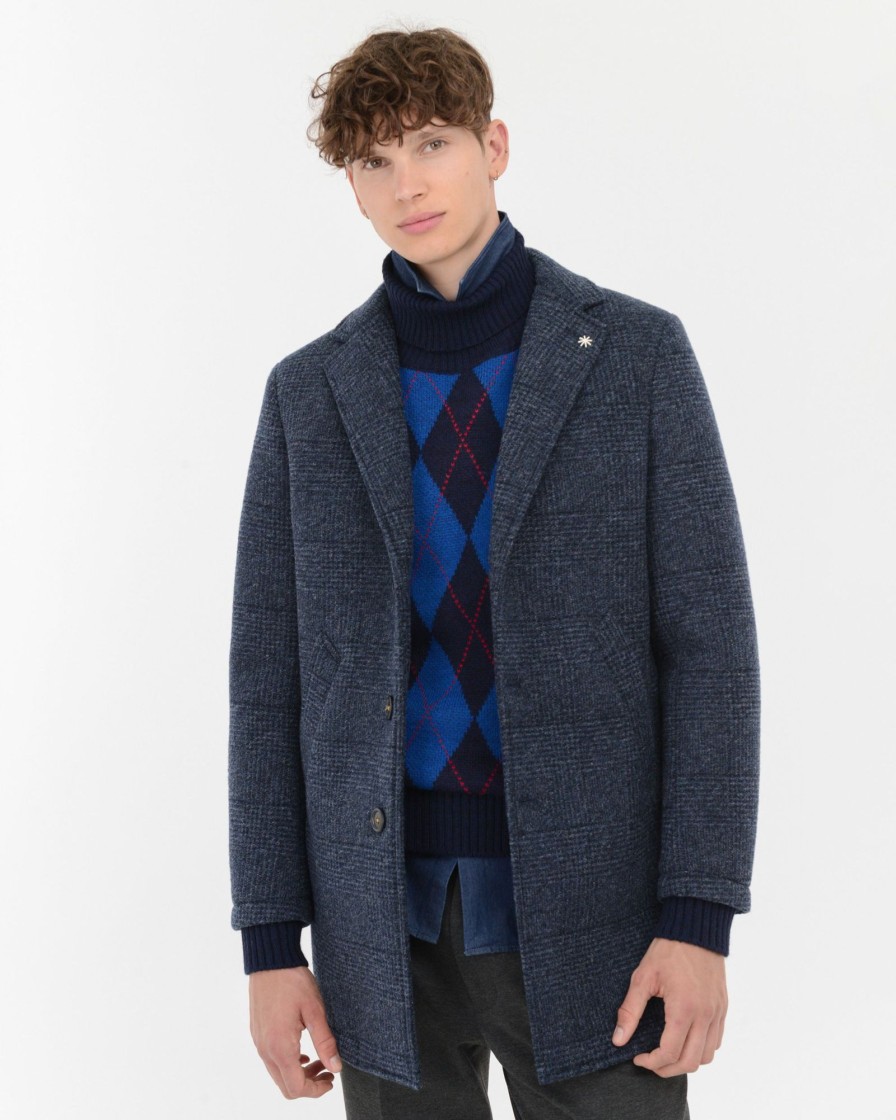 Uomo Manuel Ritz Cappotti E Giacconi | Cappotto Slim Galles In Jersey Misto Lana Blu