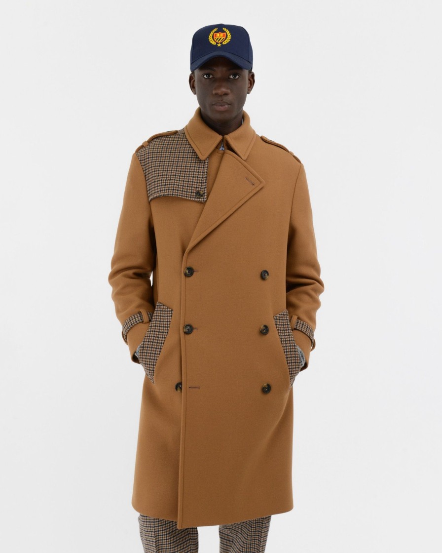 Uomo Manuel Ritz Cappotti E Giacconi | Cappotto Con Contrasti Panno Diagonale Misto Lana Beige