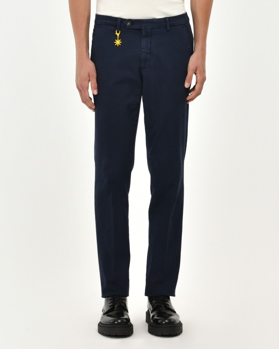 Uomo Manuel Ritz Pantaloni | Pantalone Slim Tinto Capo In Cotone Stretch Blu