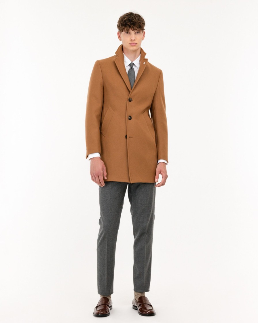 Uomo Manuel Ritz Cappotti E Giacconi | Cappotto Monopetto Panno Diagonale Misto Lana Beige