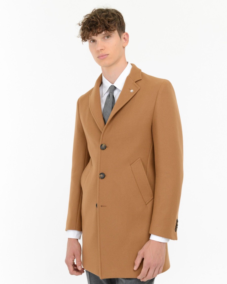 Uomo Manuel Ritz Cappotti E Giacconi | Cappotto Monopetto Panno Diagonale Misto Lana Beige