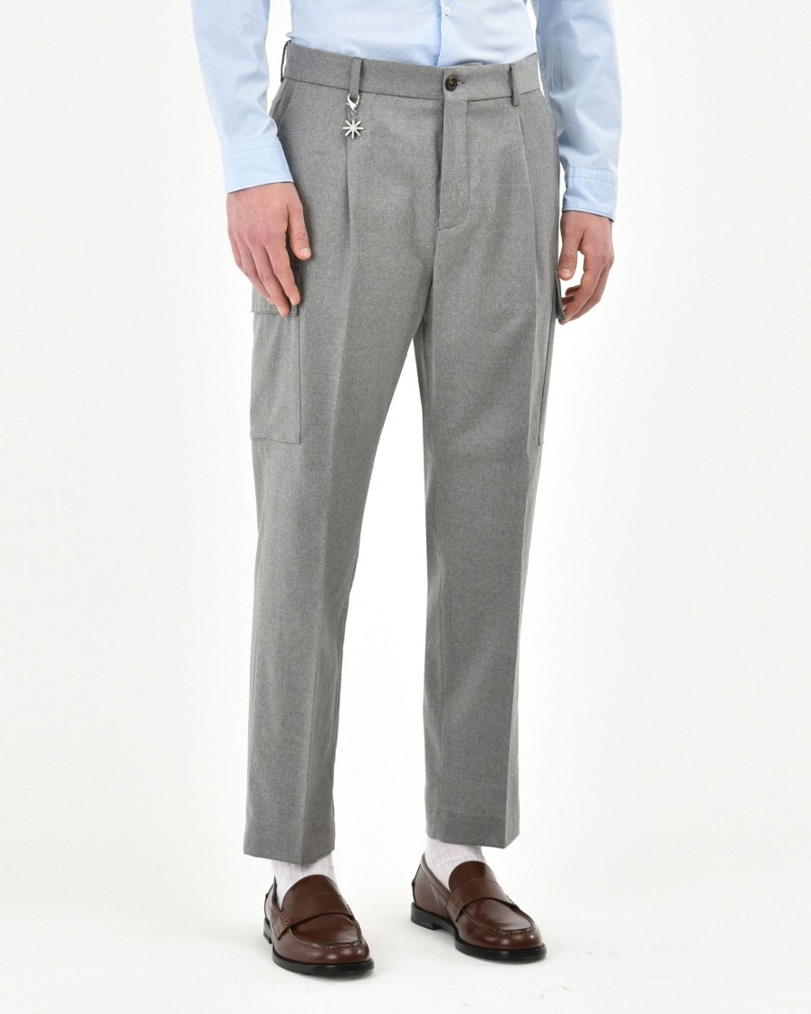 Uomo Manuel Ritz Pantaloni | Pantalone Cargo Flanella Di Lana Stretch Grigio