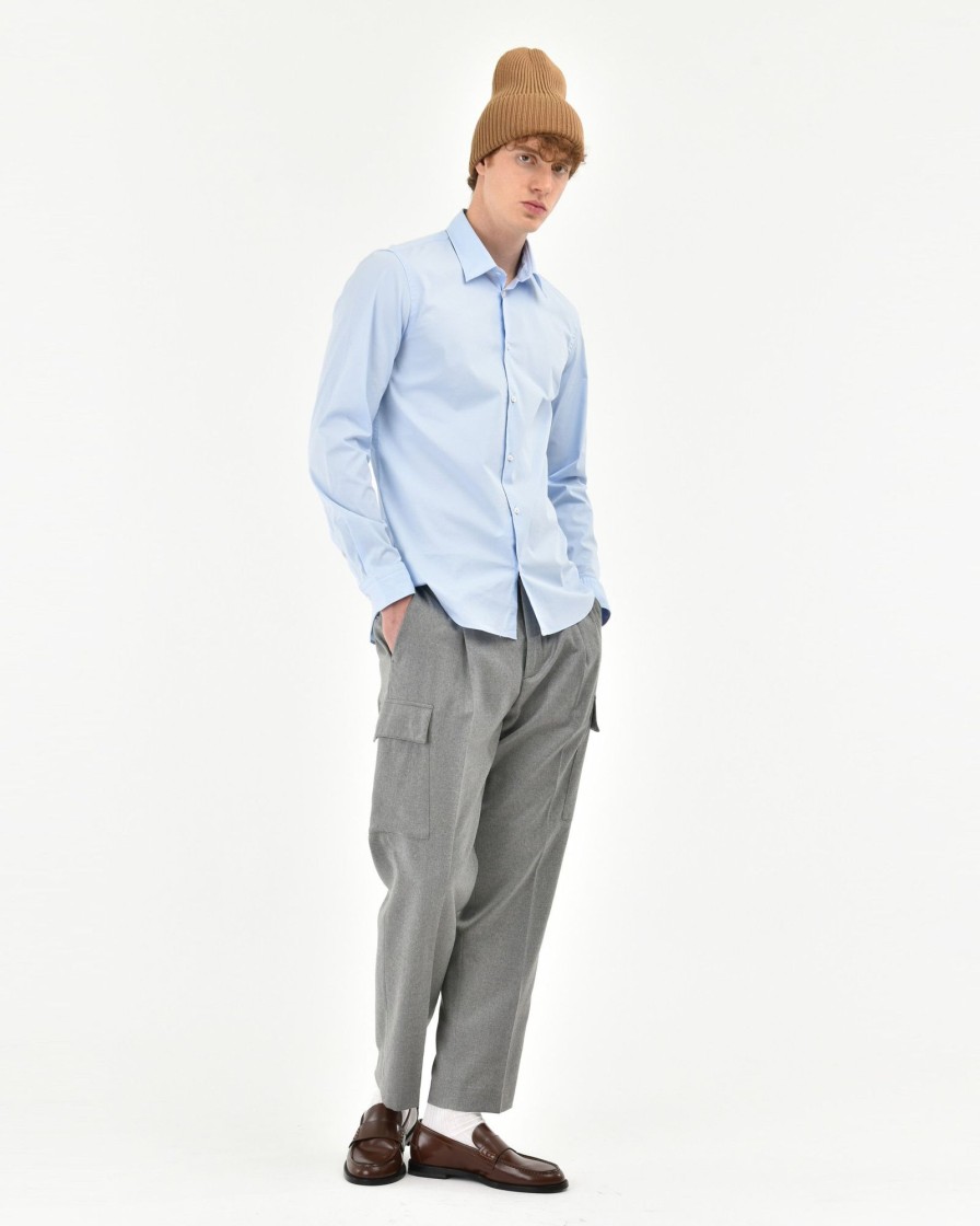 Uomo Manuel Ritz Camicie | Camicia Lavata Slim Popeline In Cotone Stretch Celeste