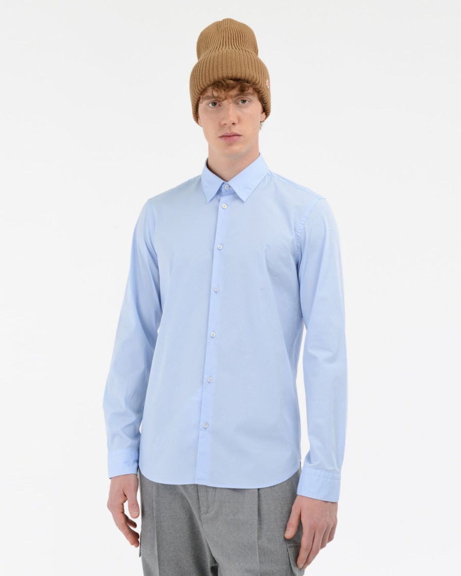 Uomo Manuel Ritz Camicie | Camicia Lavata Slim Popeline In Cotone Stretch Celeste