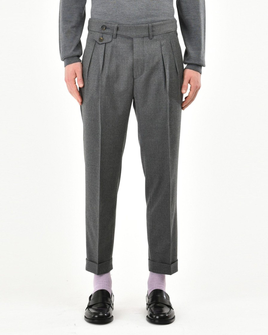 Uomo Manuel Ritz Pantaloni | Pantalone Doppia Pinces Baggy Flanella Di Lana Stretch Grigio