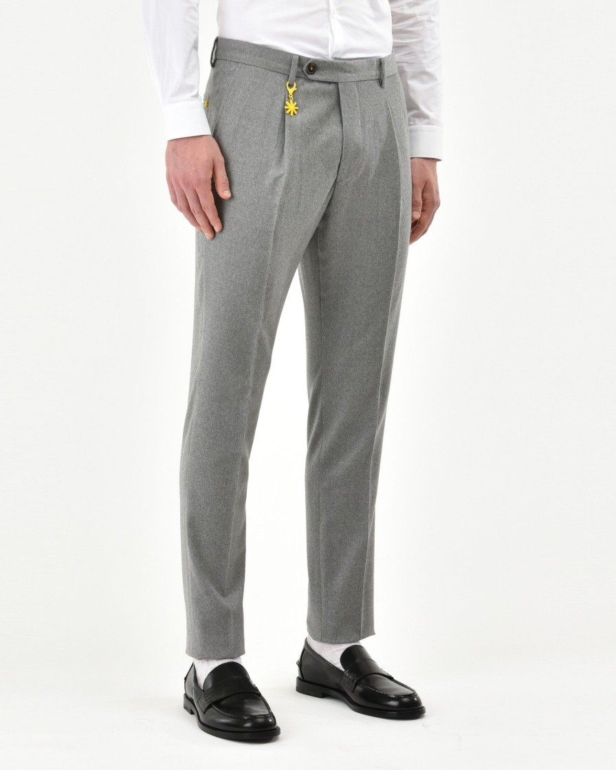 Uomo Manuel Ritz Pantaloni | Pantalone Pinces Slim Flanella Di Lana Stretch Grigio