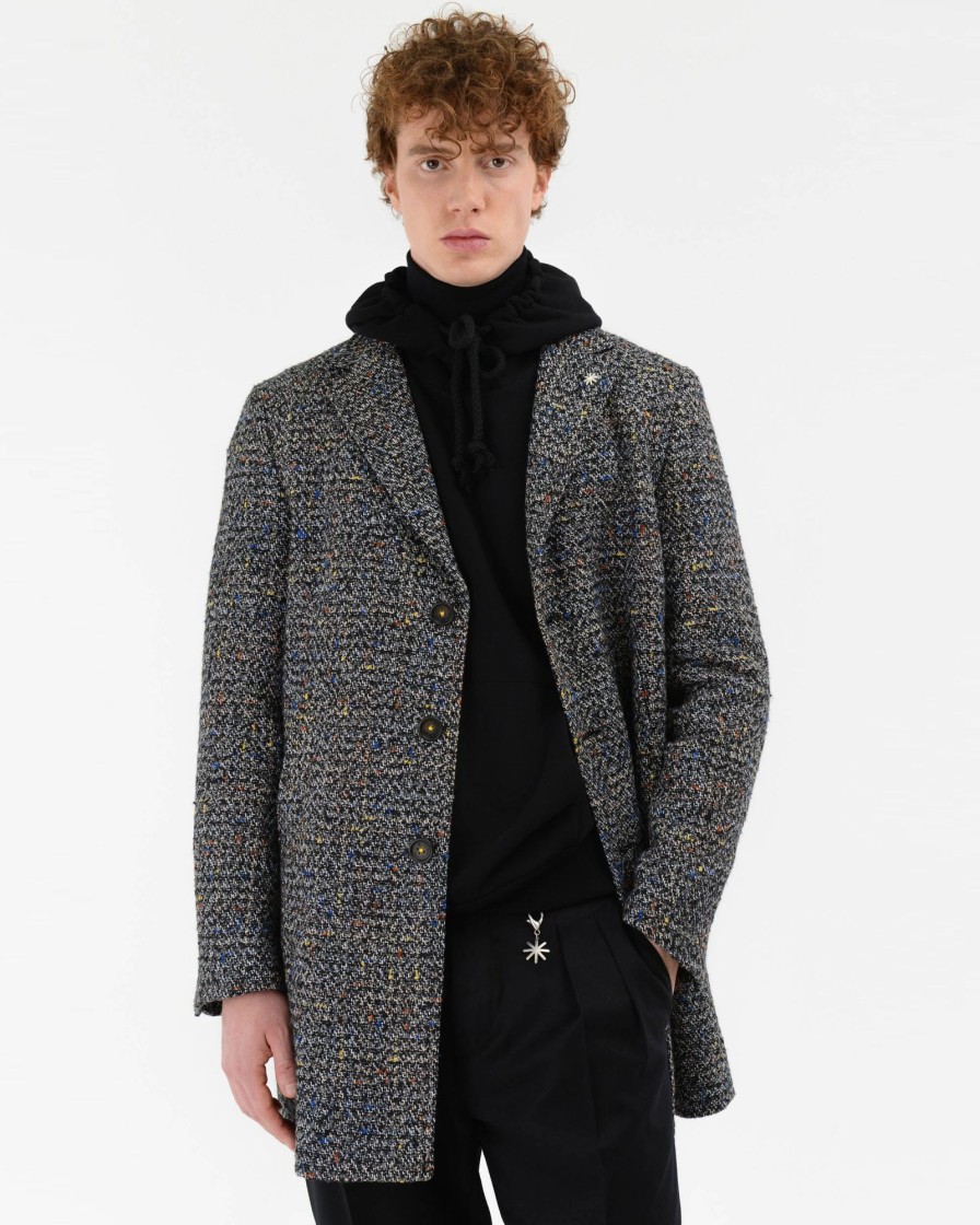 Uomo Manuel Ritz Cappotti E Giacconi | Cappotto Monopetto Bottonato Multicolor Misto Viscosa Nero