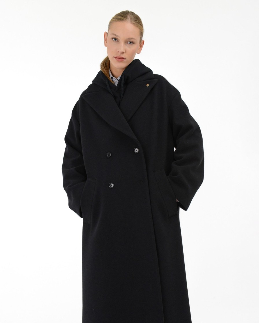 Donna Manuel Ritz Cappotti E Giacconi | Cappotto Doppiopetto Over Panno Diagonale Nero