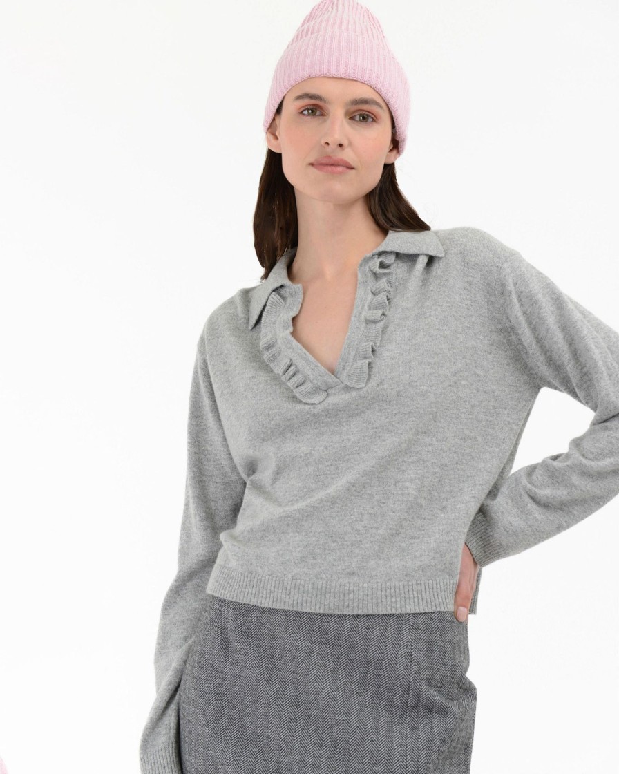 Donna Manuel Ritz T-Shirt E Maglie | Polo Cropped Rouches Misto Lana Cashmere Grigio