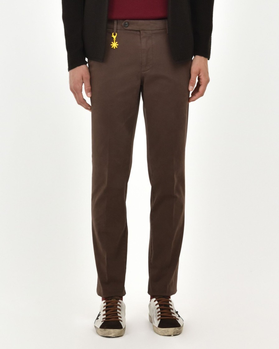 Uomo Manuel Ritz Pantaloni | Pantalone Slim Tinto Capo In Cotone Stretch Marrone