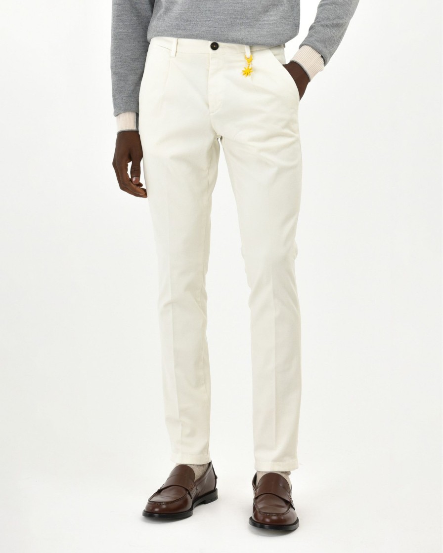 Uomo Manuel Ritz Pantaloni | Pantalone Con Pinces Slim Tinto Capo In Cotone Stretch Bianco