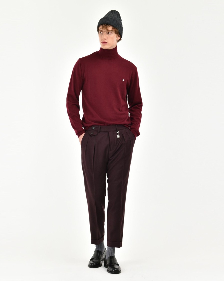 Uomo Manuel Ritz Pantaloni | Pantalone Doppia Pinces Baggy Flanella Di Lana Stretch Rosso