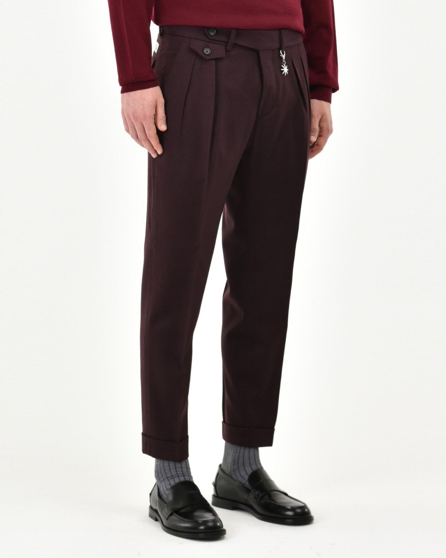 Uomo Manuel Ritz Pantaloni | Pantalone Doppia Pinces Baggy Flanella Di Lana Stretch Rosso