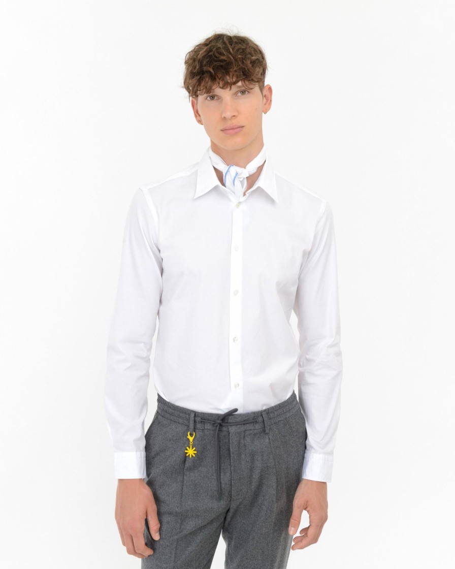 Uomo Manuel Ritz Camicie | Camicia Lavata Slim Popeline In Cotone Stretch Bianco