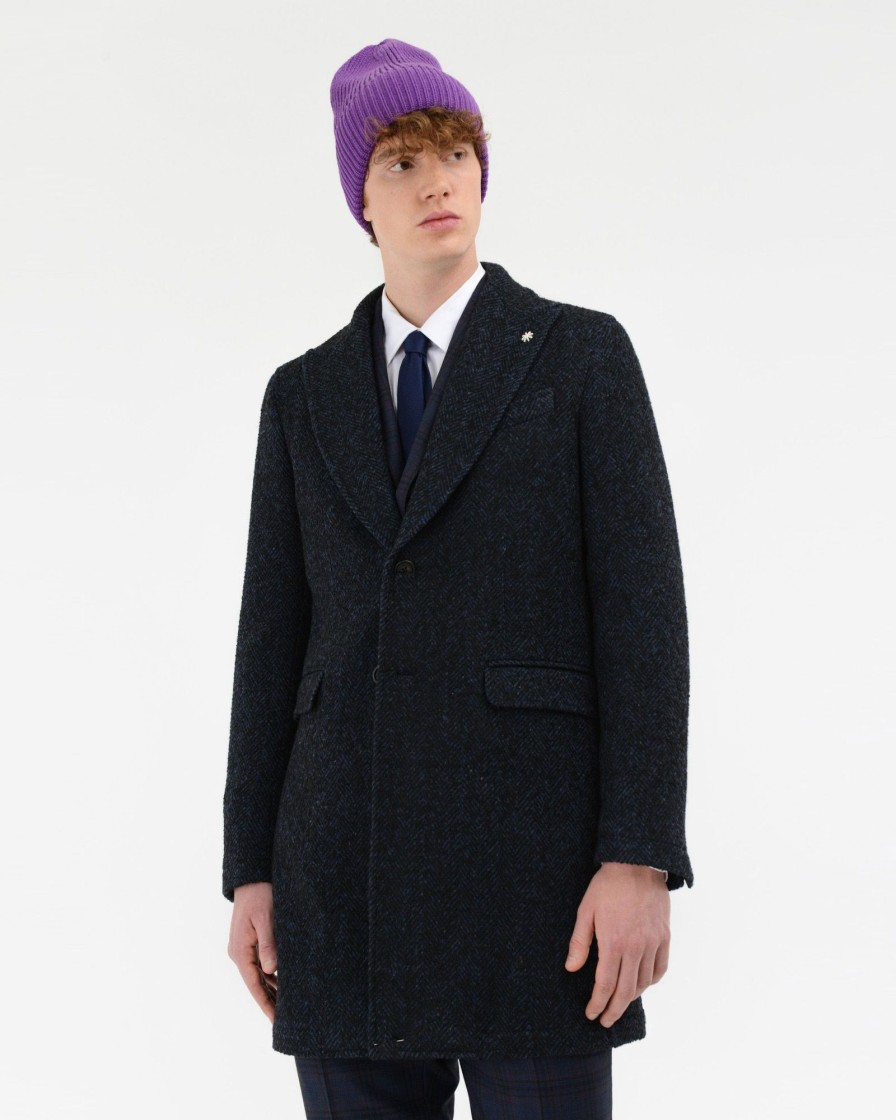 Uomo Manuel Ritz Cappotti E Giacconi | Cappotto Slim Chevron Boucle Misto Poliestere Blu