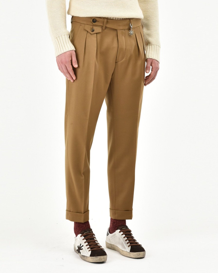 Uomo Manuel Ritz Pantaloni | Pantalone Doppia Pinces Baggy Flanella Di Lana Stretch Beige