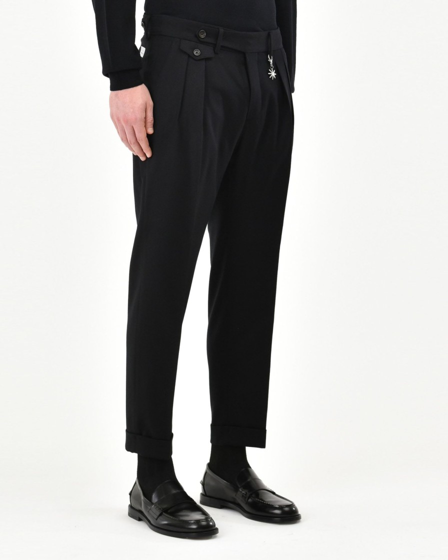 Uomo Manuel Ritz Pantaloni | Pantalone Doppia Pinces Baggy Flanella Di Lana Stretch Nero