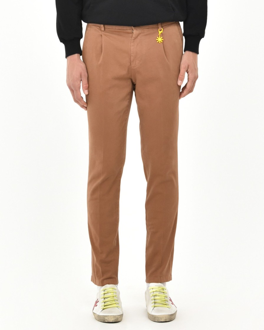 Uomo Manuel Ritz Pantaloni | Pantalone Con Pinces Slim Tinto Capo In Cotone Stretch Marrone