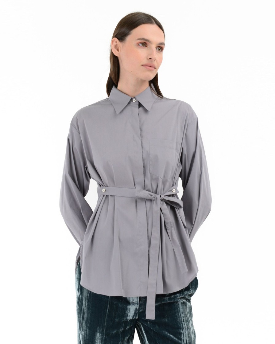 Donna Manuel Ritz Camicie | Camicia Con Cinta Twill Misto Cotone Stretch Grigio