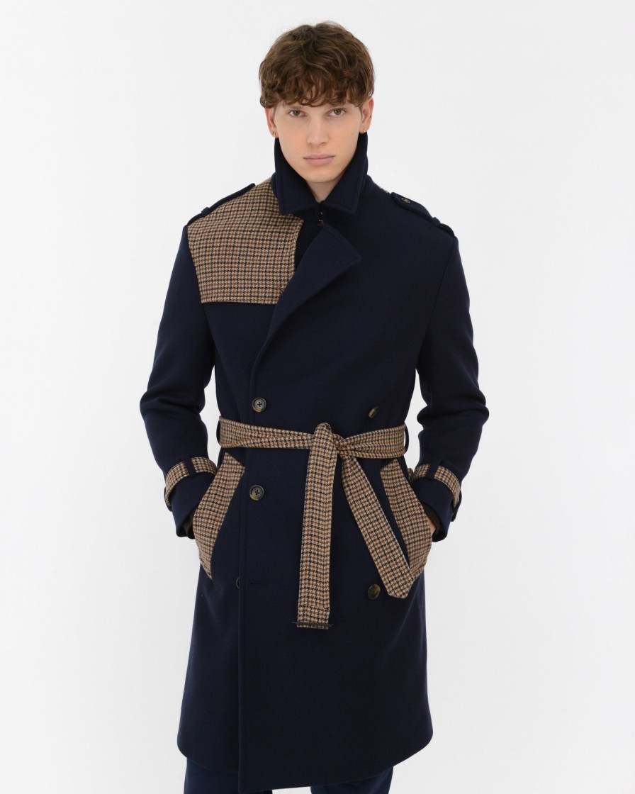 Uomo Manuel Ritz Cappotti E Giacconi | Cappotto Con Contrasti Panno Diagonale Misto Lana Blu