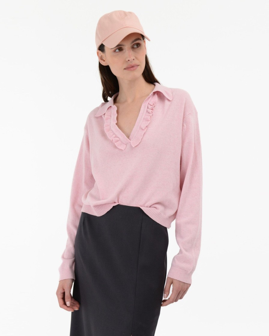 Donna Manuel Ritz T-Shirt E Maglie | Polo Cropped Rouches Misto Lana Cashmere Rosa