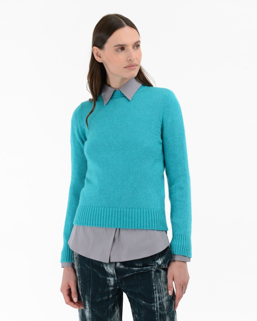 Donna Manuel Ritz T-Shirt E Maglie | Maglia Girocollo Misto Lana Mohair Celeste